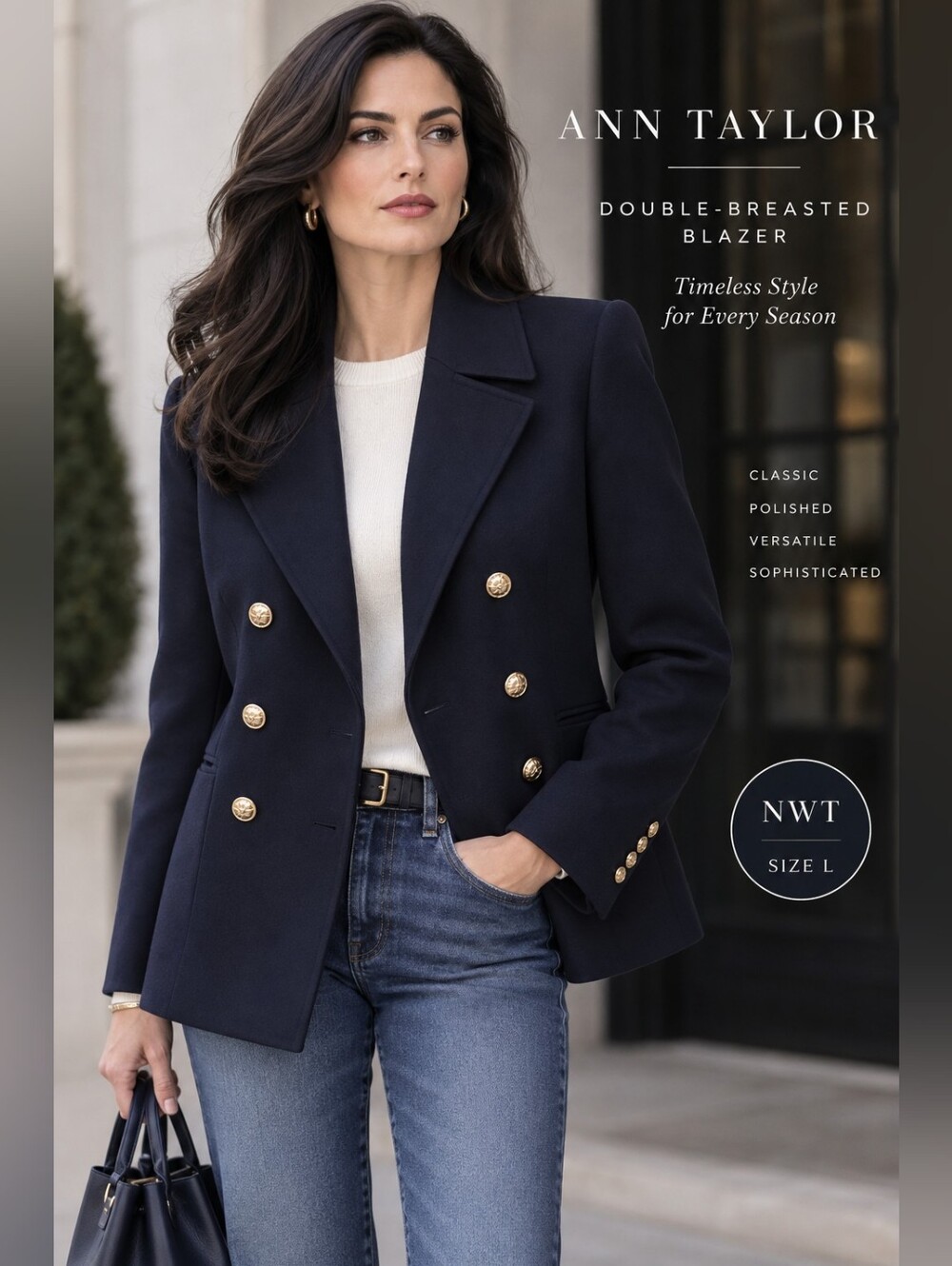 NWT Ann Taylor Navy Double-Breasted Gold Button Blazer Jacket Size Large